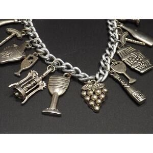 Vintage Wine Lovers Charm Bracelet, Sixteen Wine Related Charms